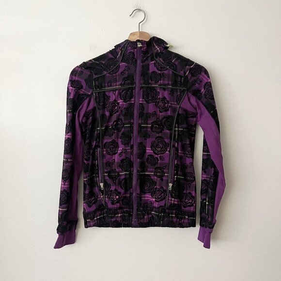 Ivivva Trail Runner Lightweight Purple Black Floral Jacket Girl's Size 12 - Picture 1 of 10